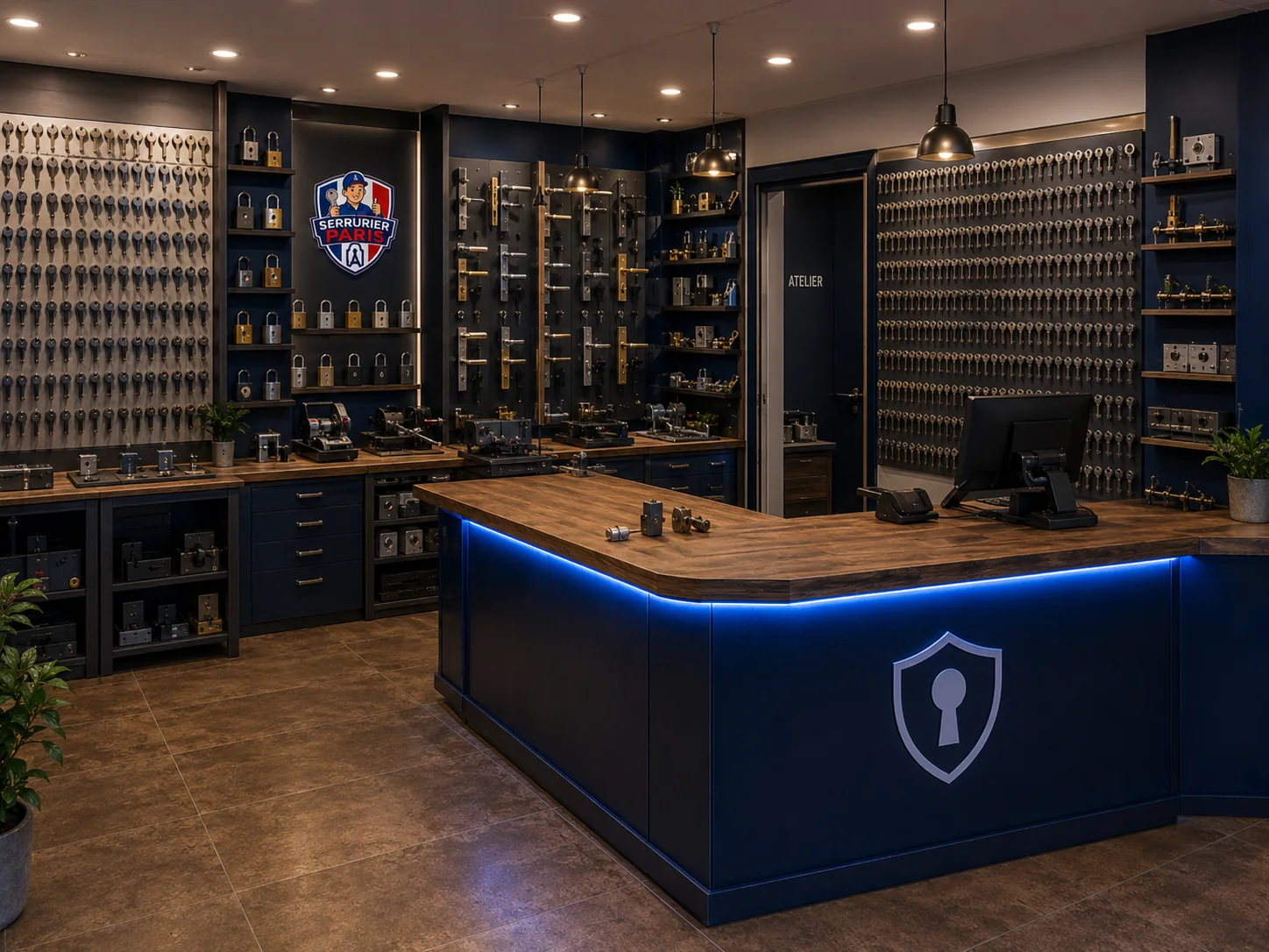 Intérieur de la boutique Serrurier Paris avec atelier, clés, cylindres et serrures